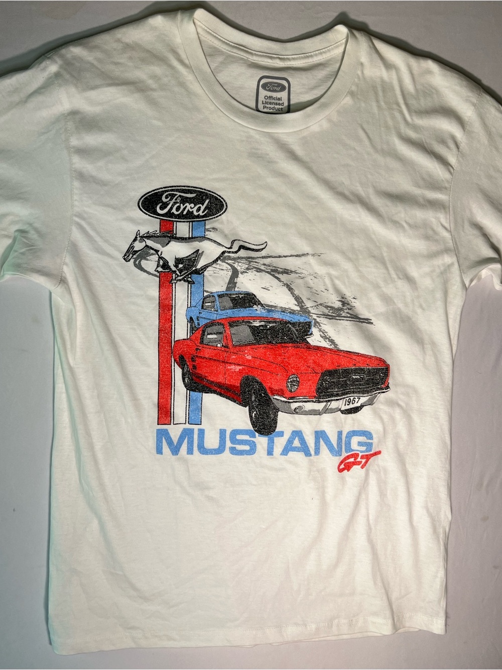Ford White Mustang GT Tee with Red & Blue Graphic